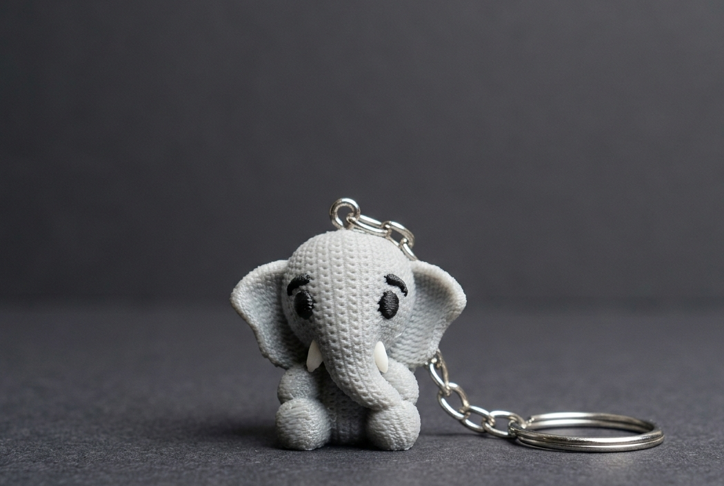 Gray elephant keychain on a dark background