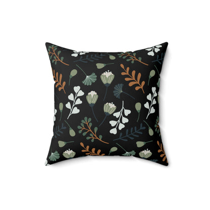 Black Floral Patterned Spun Polyester Square Pillow