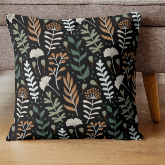 Floral Black Patterned Spun Polyester Square Pillow