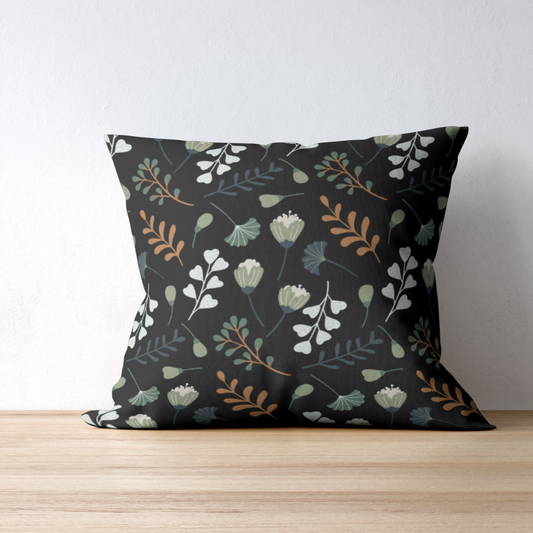 Black Floral Patterned Spun Polyester Square Pillow