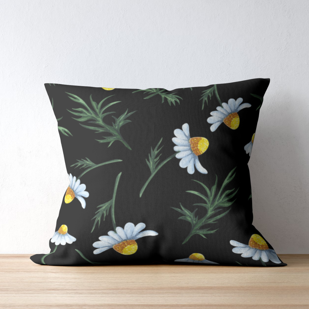 Black Daisy Floral Spun Polyester Square Pillow